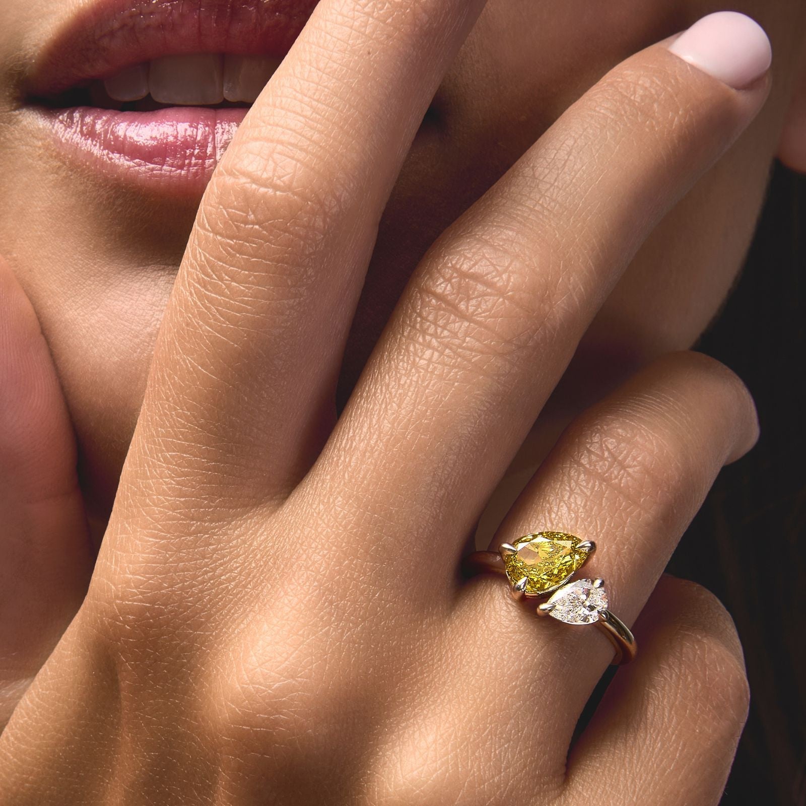 Toi & Moi FancyBague, or blanc, diamant poire fancy yellow, diamant poire - PF