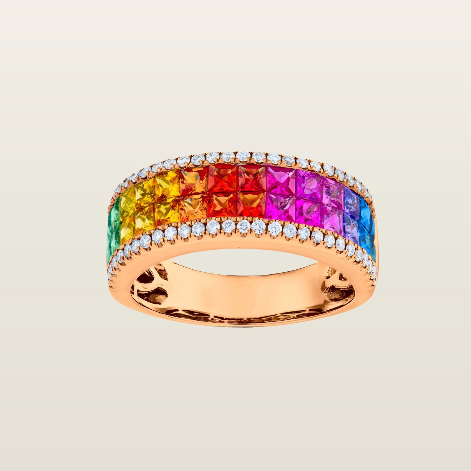 Rainbow double rangBague, or, saphirs, diamants - VEND
