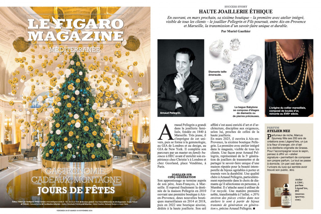 Double page du Figaro Magazine consacrée à la haute joaillerie éthique.

À droite, un article intitulé « Haute Joaillerie Éthique » présentant la maison Pellegrin : portrait en noir et blanc d’Arnaud Pellegrin, photos de diamants taille émeraude, d’une bague sertie de diamants et d’un collier en or, accompagnés de colonnes de texte décrivant le savoir-faire et l’atelier visible depuis la boutique.