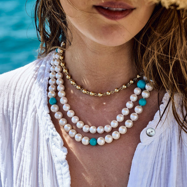 Collier perles et turquoisesCollier, perles eau douce, turquoises , or - Pellegrin