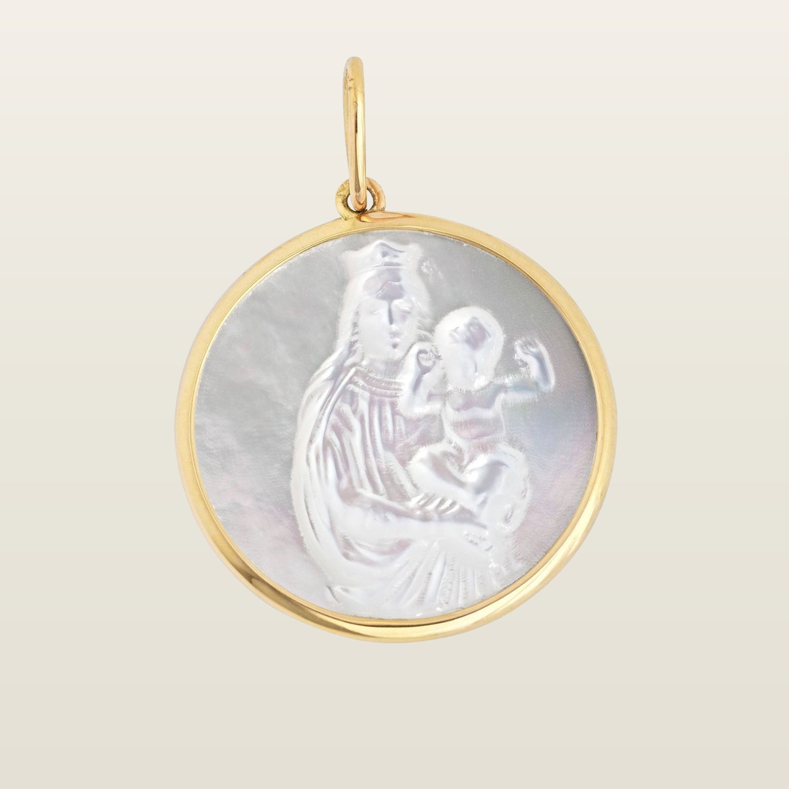 Médaille ronde Vierge à l’Enfant en nacre et monture dorée, pendentif Notre-Dame de la Garde 
