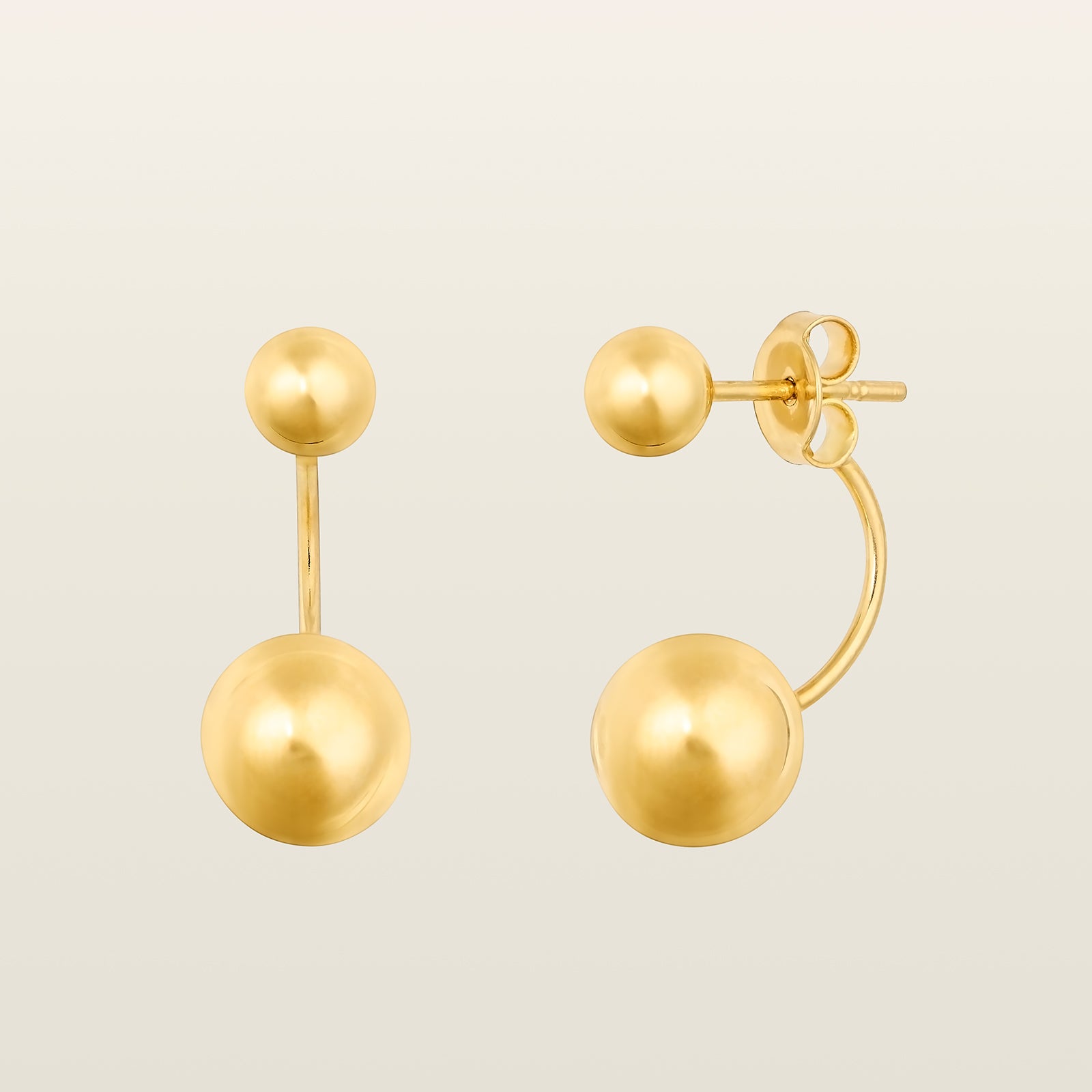 Boucles d’oreilles boules marseillaises en or avec double sphère polie et fermoir poussette, vue de face et de profil