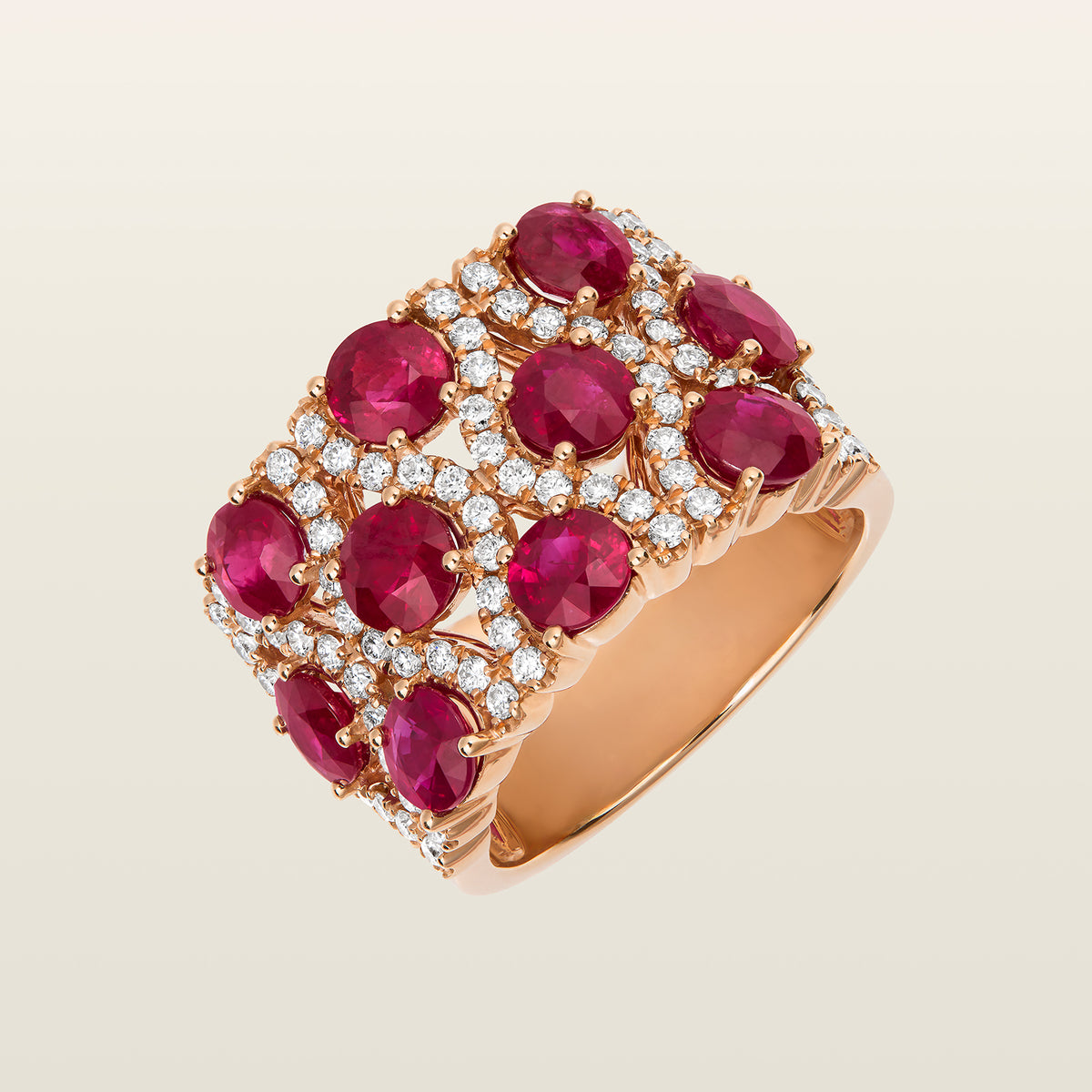 Bague Étincelle en or rose, rubis ovales et diamants brillants sur large anneau