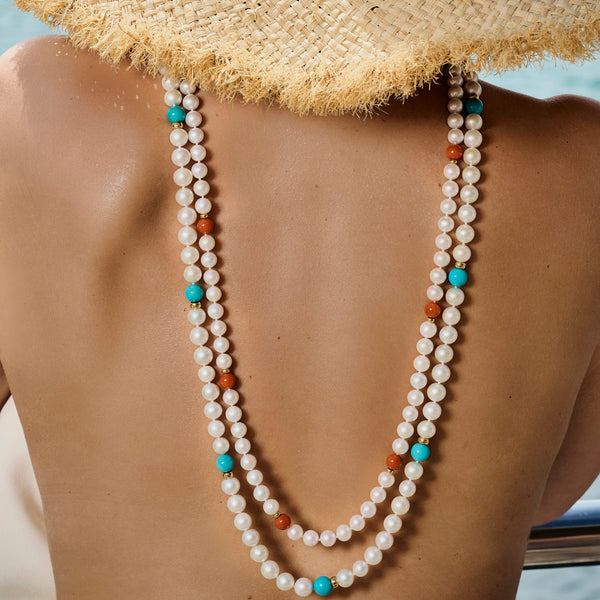 Sautoir douce et turquoisesSautoir, perles eau douce, turquoises, or  - Pellegrin