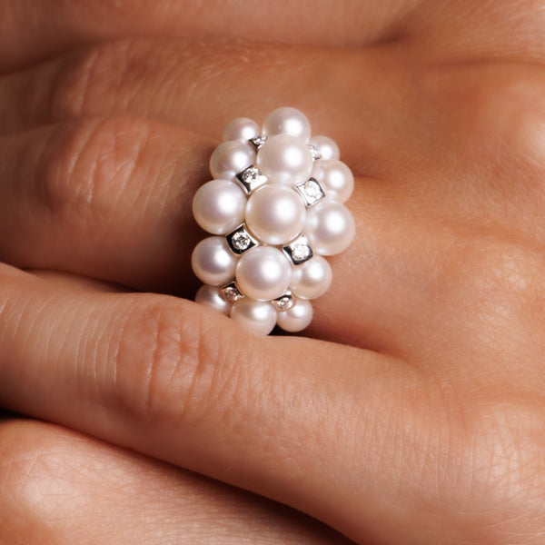 DiadèmeBague, or blanc, perles Akoyas, diamants - PO