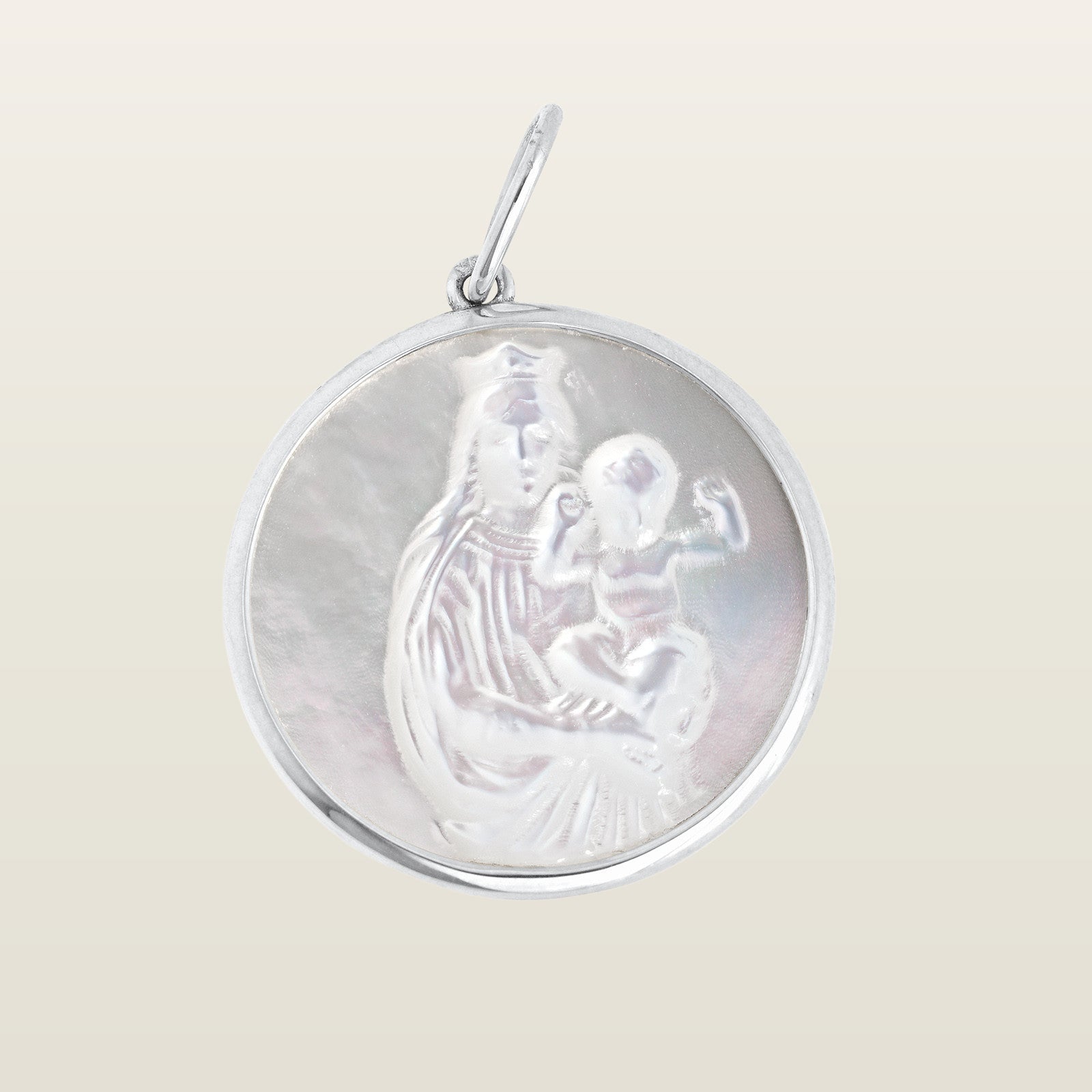 Médaille ronde Vierge à l’Enfant en nacre et monture or blanc, pendentif Notre-Dame de la Garde 
