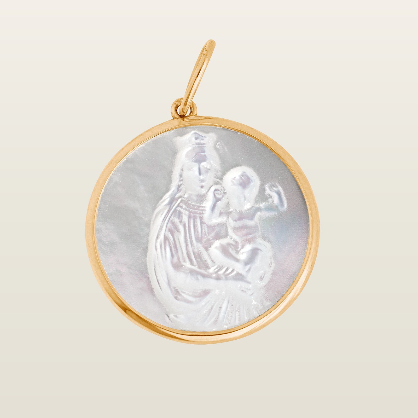Médaille ronde Vierge à l’Enfant en nacre et monture dorée, pendentif Notre-Dame de la Garde 